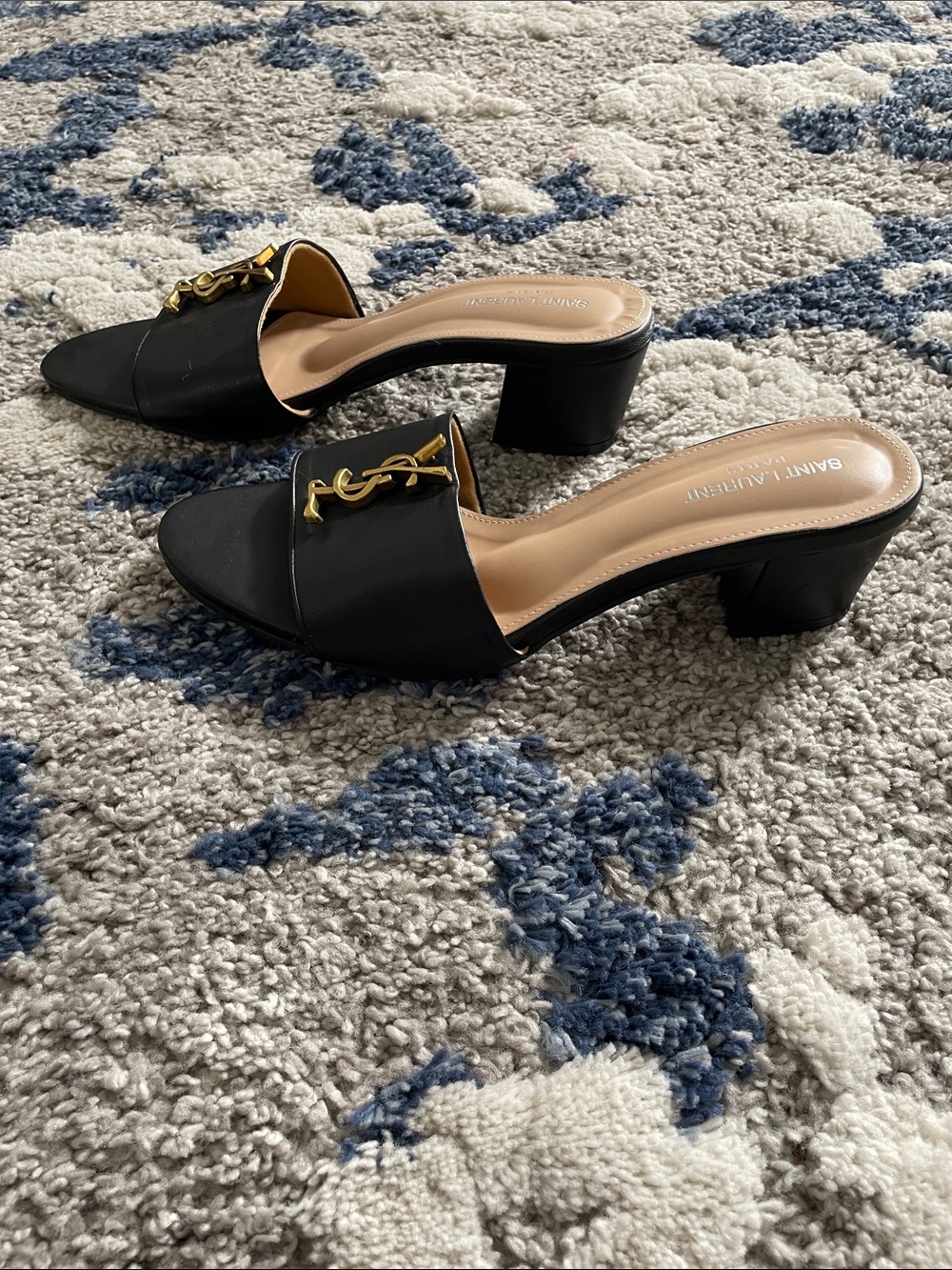 Saint Laurent Black Leather Slide Mules with Gold YSL Emblem - Picture 5 of 5